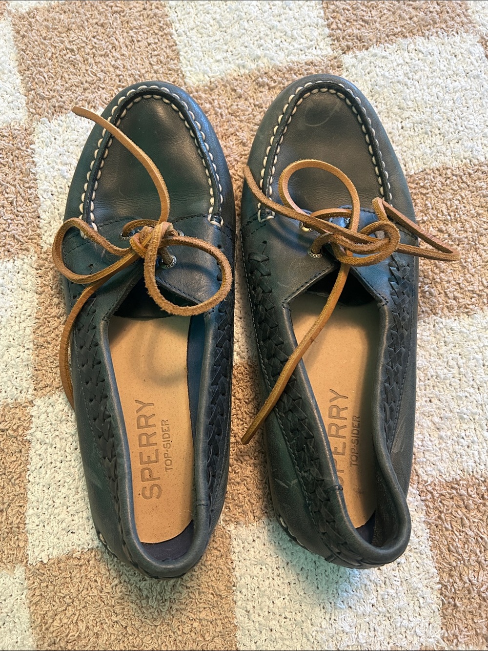 Sperry Black Leather Moc Toe Boat Flats with Tan Laces